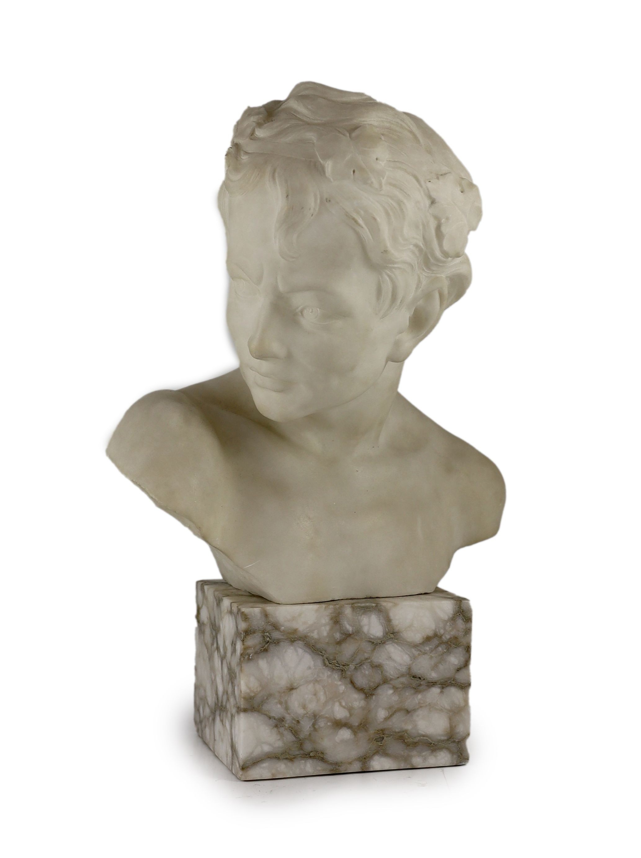 An Italian carved white marble bust of a faun, width 28cm height 41cm